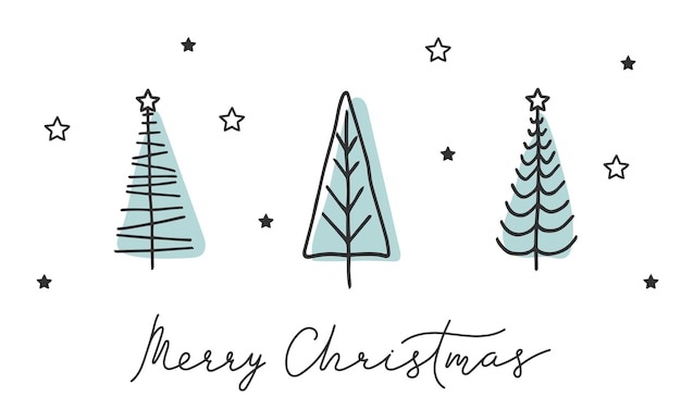 Tarjeta de garabatos minimalista de Navidad Contorno lineal dibujado a mano abeto de pino bosque de vacaciones de invierno Árbol de Navidad de fondo divertido