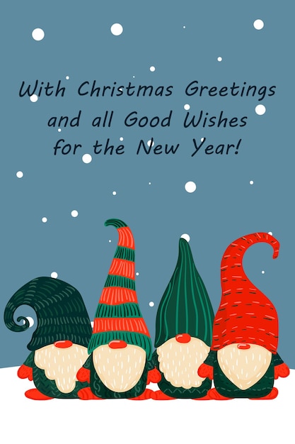 Tarjeta de gnomo pequeña Navidad gnomos escandinavos en un sombrero de santa de año nuevo Conjunto de mano plana de dibujos animados