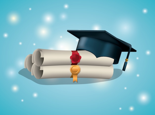 Tarjeta de graduación con diploma y sombrero