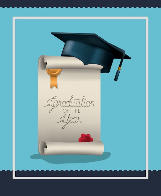 Tarjeta de graduación con diploma y sombrero
