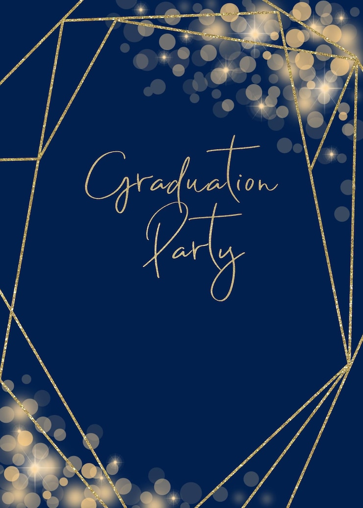 Vector tarjeta de graduación de marco dorado azul
