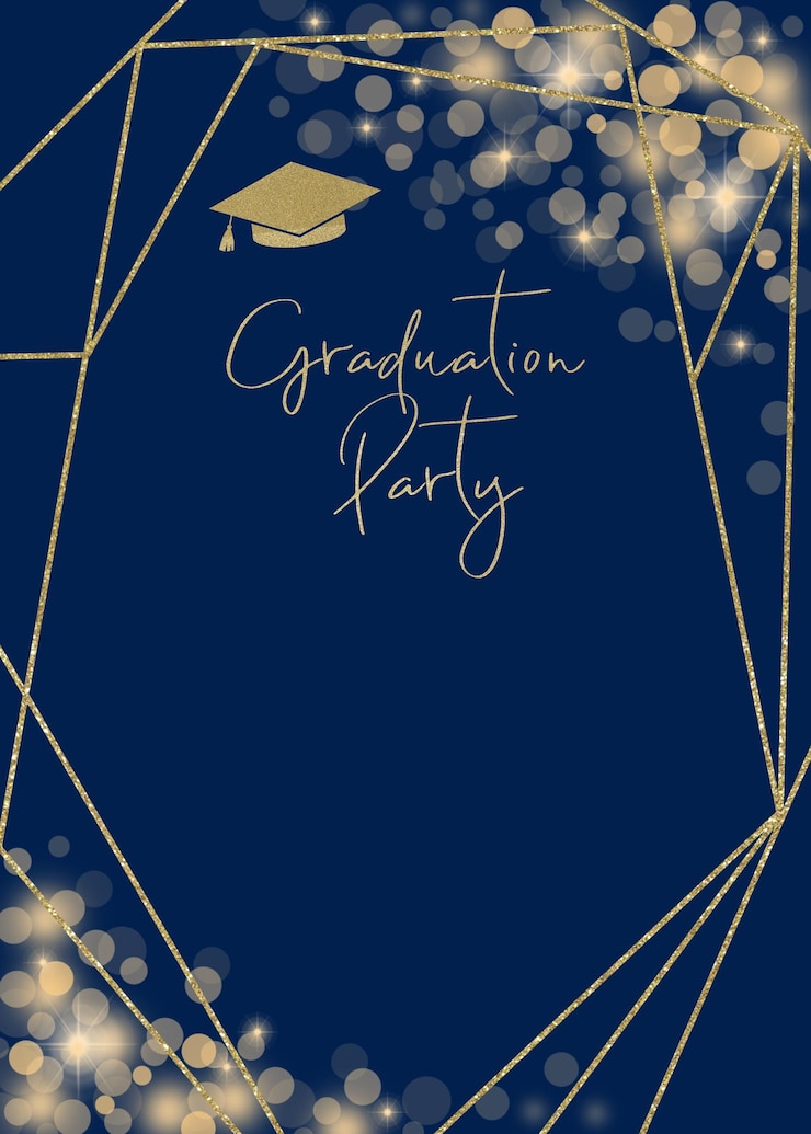 Vector tarjeta de graduación de marco dorado azul