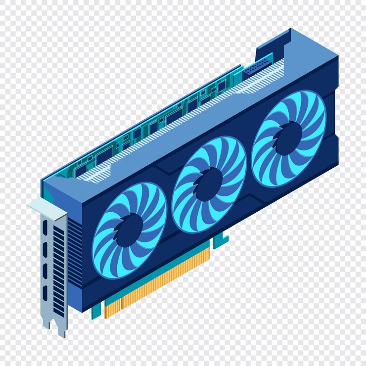 Vector tarjeta gráfica de video isométrica tarjeta de vídeo isométrica componentes de hardware de computadora ilustración de la tarjeta gráfica gpu