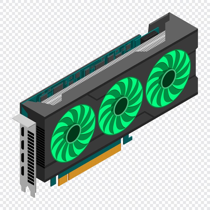 Vector tarjeta gráfica de video isométrica tarjeta de vídeo isométrica componentes de hardware de computadora ilustración de la tarjeta gráfica gpu