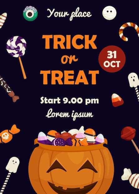 Tarjeta de halloween con bolsa de calabaza, un cubo de dulces, postal de invitación de fiesta de trick or treat, cartel de noche de fiesta de octubre, fondo temático de halloween vertical con dulces