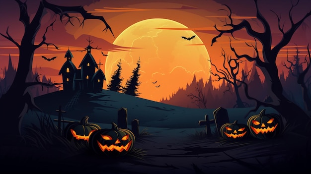 Vector una tarjeta de halloween con calabazas y cementerio en el fondo