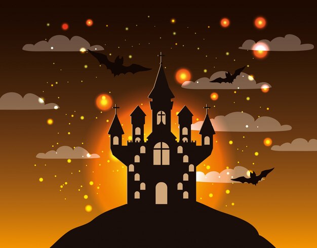 Vector tarjeta de halloween con castillo en escena nocturna oscura