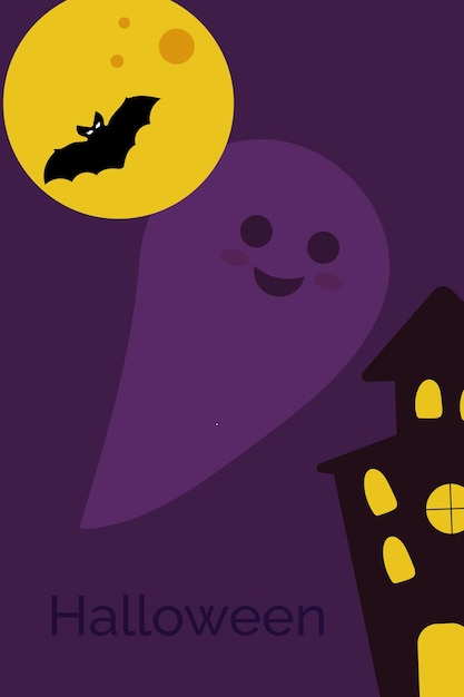 Tarjeta de Halloween con castillo fantasma aterrador y luna