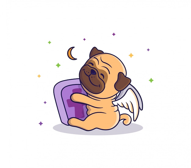 La tarjeta de halloween es un perro-ángel que abraza una tumba y está sentado cerca de la luna y las estrellas. lindo pug, personaje de dibujos animados