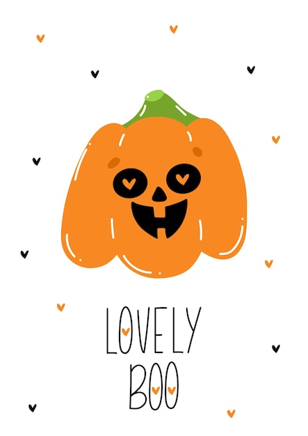 Tarjeta de Halloween para fiesta infantil Feliz Halloween Tarjeta de felicitación de dibujos animados lindo vector con hermosa calabaza con corazones Boo