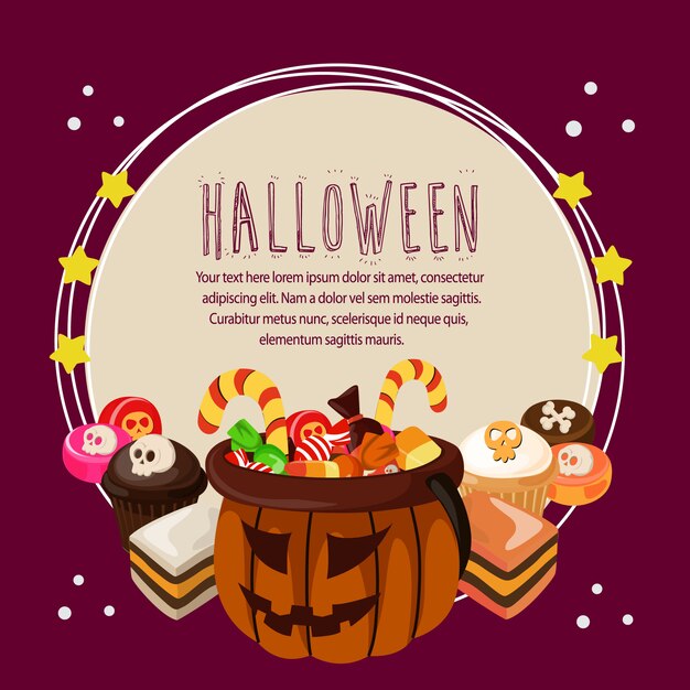 Tarjeta de Halloween con golosinas texto redondo