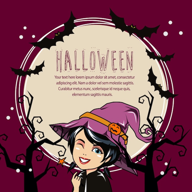Tarjeta de Halloween con texto redondo de dibujos animados de bruja