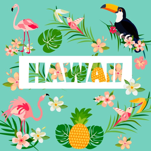 Tarjeta hawaiana brillante con texto de follaje de flamencos de piña tucan