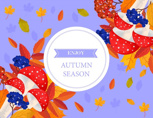 Tarjeta de hojas y setas de la temporada de otoño