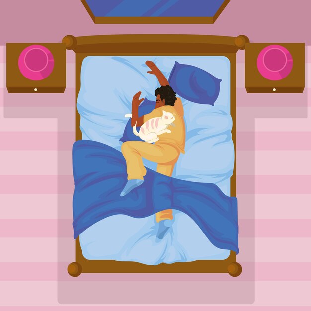 Vector tarjeta de hombre dormido y gato