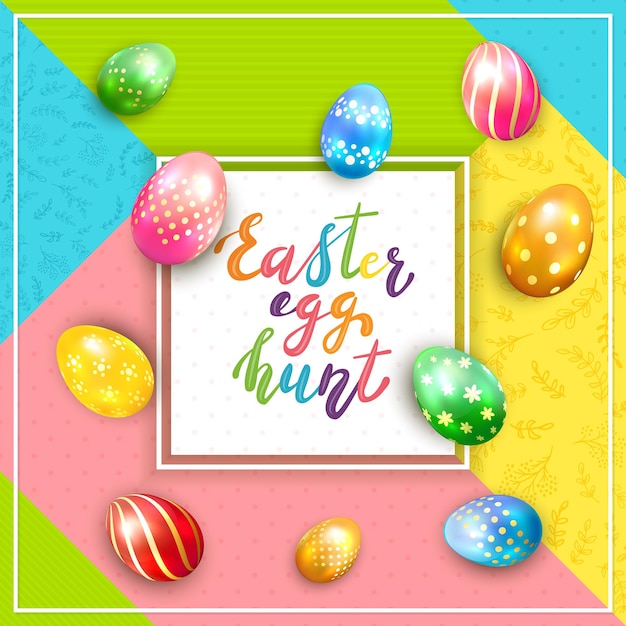 Tarjeta con huevos de Pascua pintados y letras Búsqueda de huevos de Pascua en colores de fondo, ilustración.