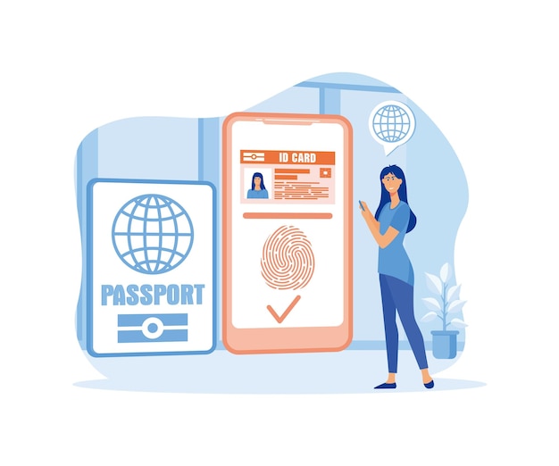 Tarjeta de identificación inteligente documentos biométricos en la aplicación de teléfono inteligente tarjeta de identidad electrónica pasaporte digital y licencia de conducir vector plano ilustración moderna