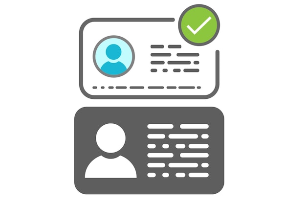 Tarjeta de identificación con marca de verificación verificada Tarjeta de identificación Credencial de verificación Ícono de perfil verificación de identidad personal Tarjeta de usuario o perfil Aprobar documento de tarjeta de verificación de identidad con foto nacional
