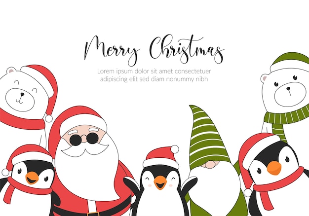 Tarjeta de ilustración de feliz Navidad con osos polares, pingüinos, duendes y Santa Claus.