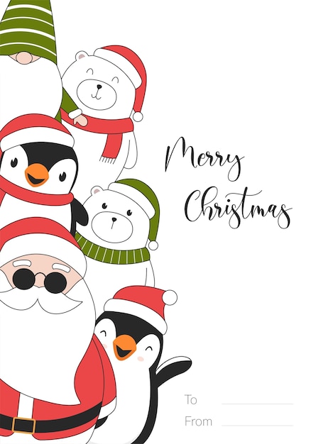 Vector tarjeta de ilustración de feliz navidad con osos polares, pingüinos, duendes y santa claus.