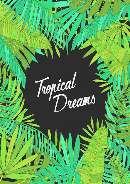 Tarjeta de ilustración con hojas tropicales, monstera, chamaedorea, plátano y otras palmeras.