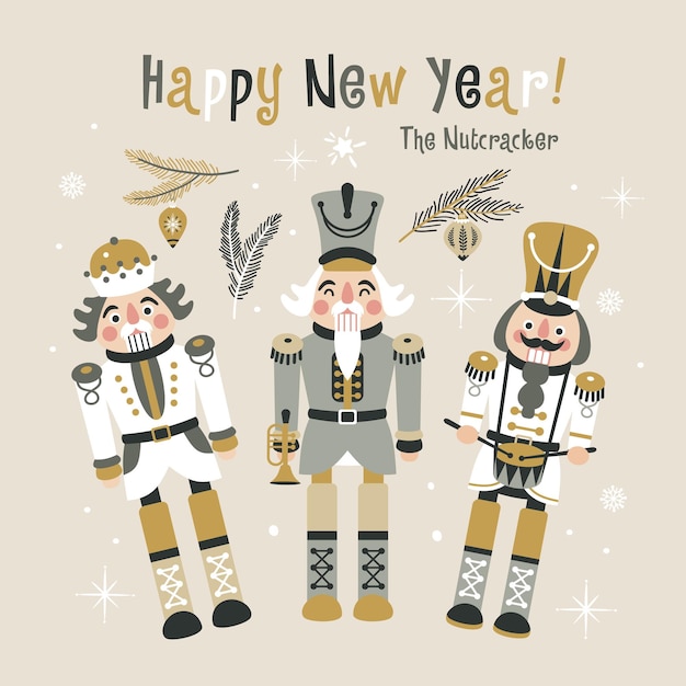 Tarjeta de ilustración de Navidad con el retrato de Nutcrackers en el fondo Ilustración de Año Nuevo