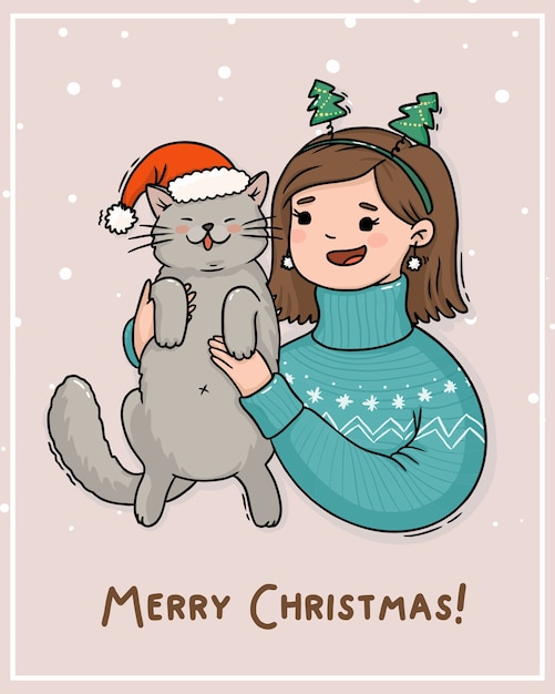 Tarjeta de ilustración niña de navidad con gato en sombrero de santa