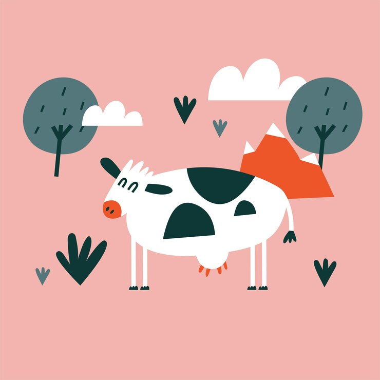 Tarjeta de ilustración con una vaca blanca. Estilo de dibujos animados.