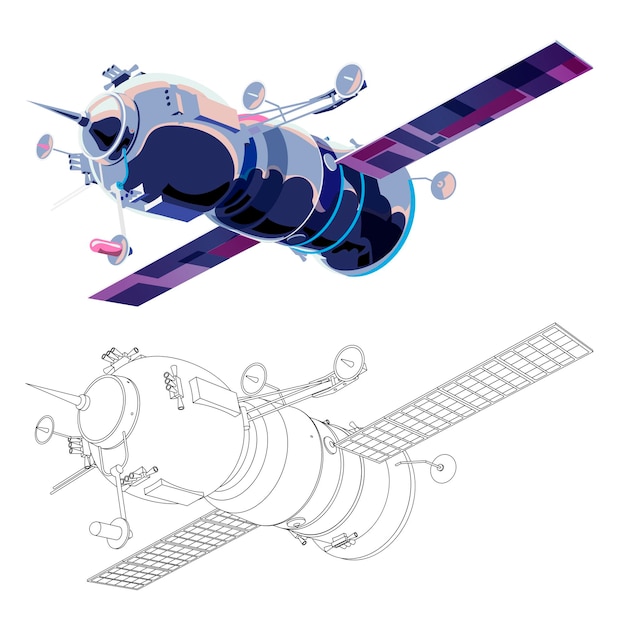 Vector tarjeta de ilustración vectorial con satélite de nave espacial y colorante programa de historia espacial exploración humana del espacio cercano imagen con modelo 3d de nave espacial voladora aislado