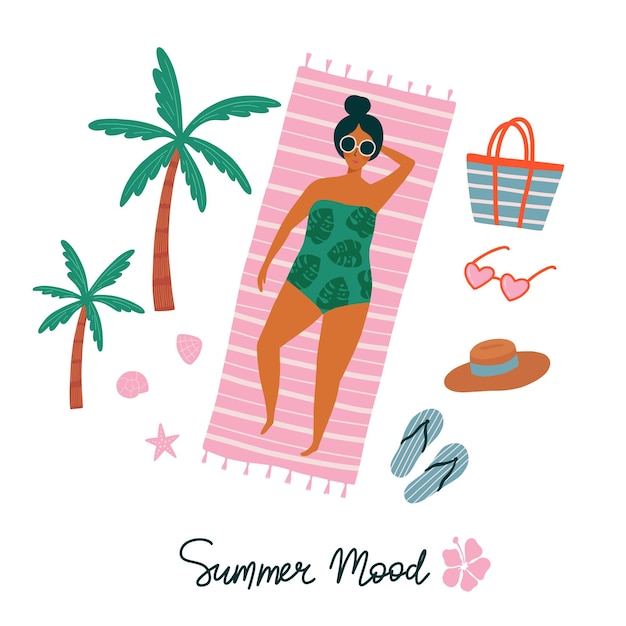 Tarjeta de ilustración vectorial de verano con mujeres jóvenes tomando el sol, palmeras, chanclas, gafas de sol