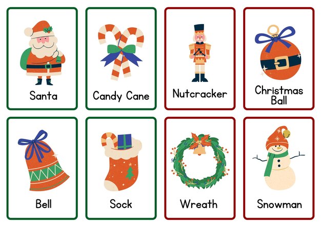 Tarjeta ilustrativa de objetos navideños en inglés en estilo ilustrativo verde rojo marrón 1