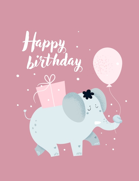 Tarjeta infantil de feliz cumpleaños, póster con lindo elefante bebé y cajas de regalo