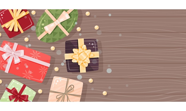 Tarjeta de invierno con cajas de regalo sobre fondo de madera ilustración vectorial banner de volante horizontal