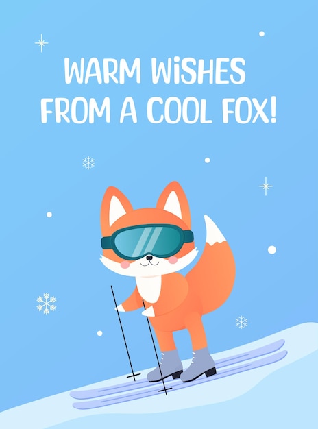 tarjeta de invierno saludo de año nuevo y navidad con un lindo zorro patinaje trineo esquí ilustración vectorial