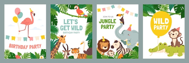 Tarjeta de invitación con animales Poster lindo con bebé animal de la selva plantilla de invitación de cumpleaños divertida con león salvaje elefante mono cebra fondos para niños para vacaciones conjunto vectorial