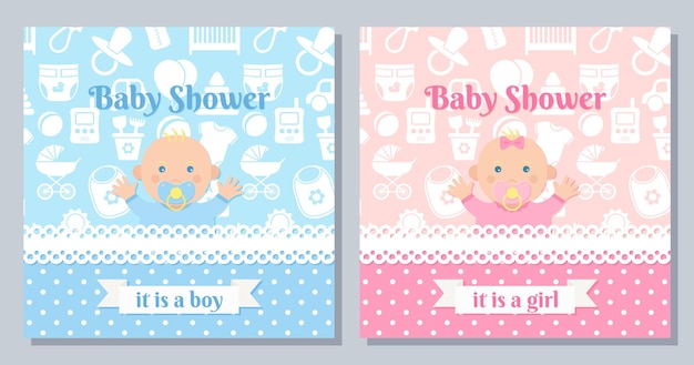 Tarjeta de invitación de bebé. Baby Shower niño, diseño de niña. Linda pancarta rosa, azul con niño recién nacido