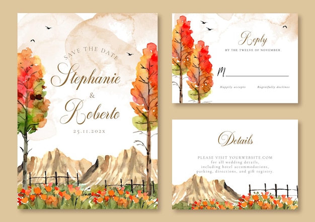 Tarjeta de invitación de boda en acuarela con árboles rojos amarillos marrón clásico