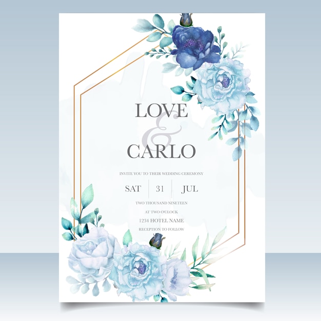 Tarjeta de invitación de boda con acuarela azul floral