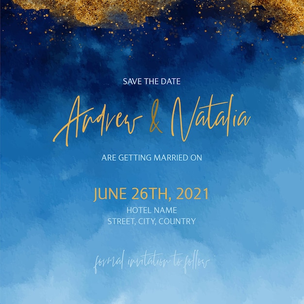 Tarjeta de invitación de boda acuarela dorada y azul