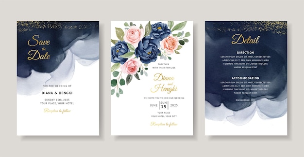 Tarjeta de invitación de boda acuarela floral azul marino