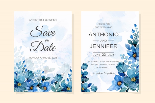 Tarjeta de invitación de boda con acuarela floral azul