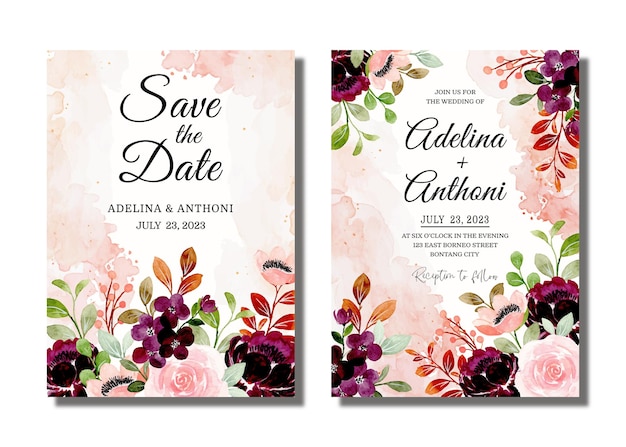 Vector tarjeta de invitación de boda con acuarela floral burdeos