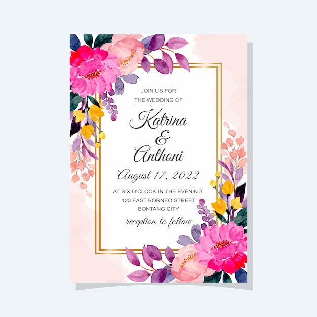 Tarjeta de invitación de boda con acuarela floral colorida