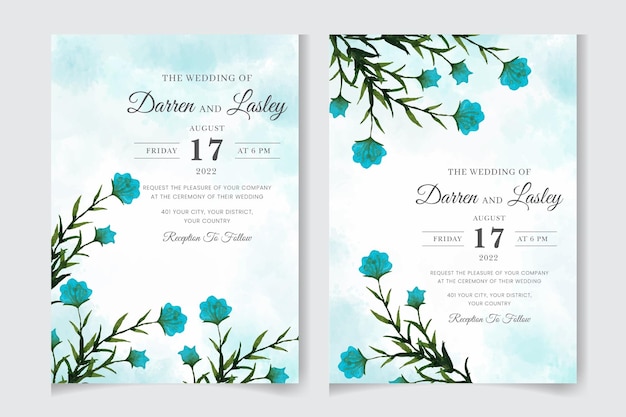Tarjeta de invitación de boda de acuarela floral floreciente hermosa con marco de marco de flores de hojas