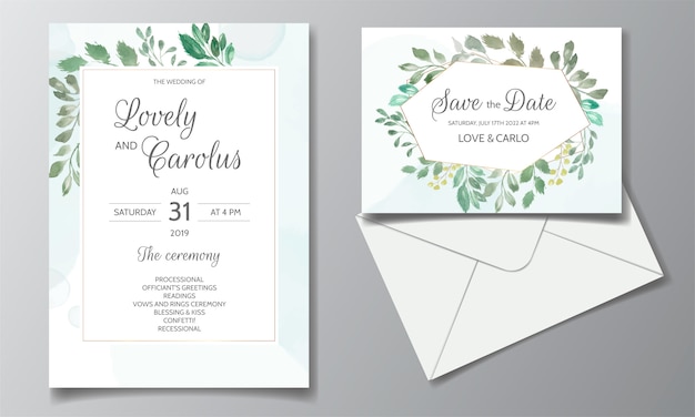 Tarjeta de invitación de boda con acuarela floral y hojas