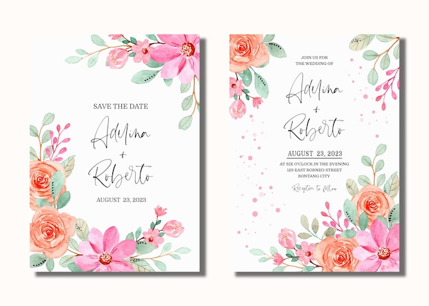 Tarjeta de invitación de boda con acuarela floral naranja rosa