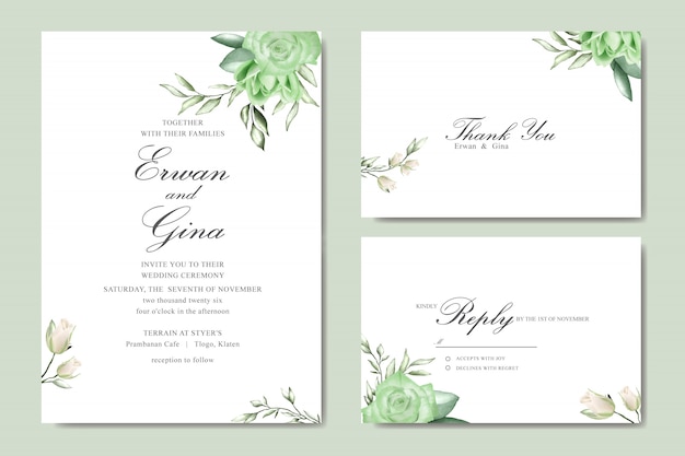 Tarjeta de invitación de boda con acuarela floral y plantilla de hojas