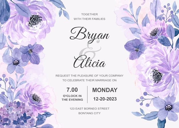 Vector tarjeta de invitación de boda con acuarela floral púrpura