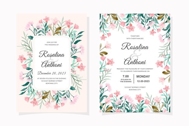 Tarjeta de invitación de boda con acuarela floral rosa