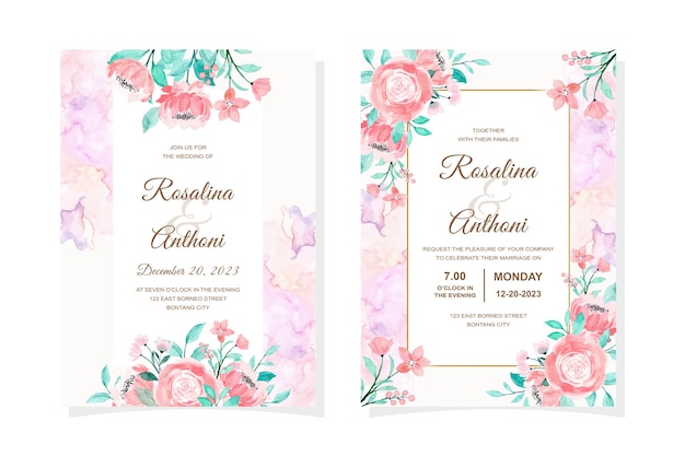 Tarjeta de invitación de boda con acuarela floral rosa